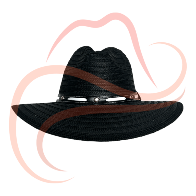 Vista frontal del sombrero Indiana Aipa, mostrando su corona alta y banda decorativa en cuero negro con detalles blancos.