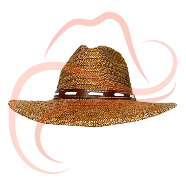 Vista frontal del sombrero Indiana, mostrando su corona alta y la banda decorativa en cuero marrón con detalles blancos.