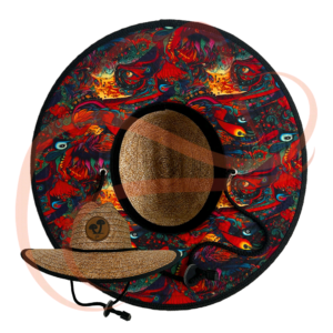 Imagen principal del Sombrero Viajero Tripping, destacando el estampado vibrante y psicodélico en la parte interior del ala, con figuras abstractas en tonos rojos, azules y naranjas, y una corona clara con detalles en negro.