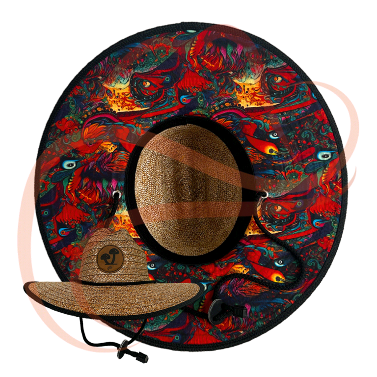 Imagen principal del Sombrero Viajero Tripping, destacando el estampado vibrante y psicodélico en la parte interior del ala, con figuras abstractas en tonos rojos, azules y naranjas, y una corona clara con detalles en negro.
