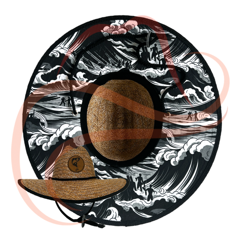 Imagen principal del Sombrero Viajero Waves, mostrando su color natural con estampado en el interior del ala de olas en blanco y negro, representando un estilo dinámico y aventurero.