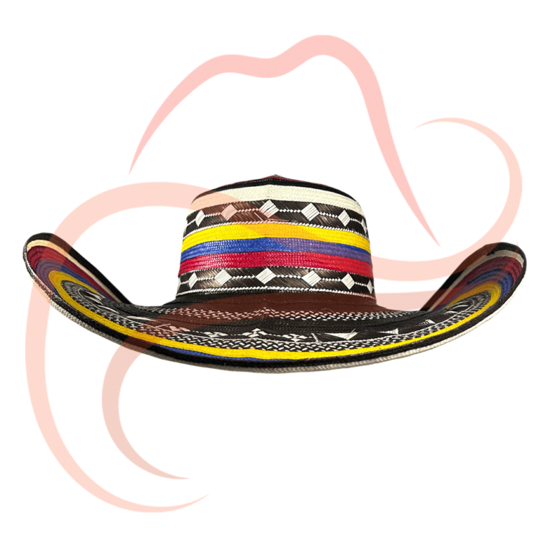 Sombrero vueltiao de 19 vueltas en colores amarillo, azul y rojo. Vista frontal que destaca el ala ancha y el detalle trenzado tradicional que refleja la identidad cultural de Colombia.