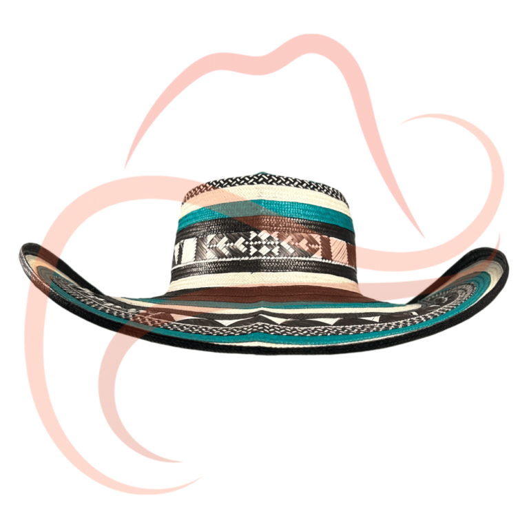 Imagen frontal de sombrero vueltiao de 19 vueltas con franjas en verde, negro y blanco, mostrando detalles en negro y figuras geométricas en la copa.