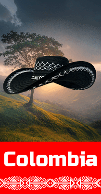 Banner promocional de un sombrero Vueltiao colombiano, símbolo cultural del país, presentado sobre un paisaje montañoso al atardecer, representando la esencia de Colombia.