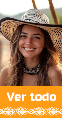Banner promocional con una mujer colombiana sonriendo mientras luce un sombrero de ala ancha bajo el sol, invitando a explorar toda la colección de sombreros y accesorios colombianos.