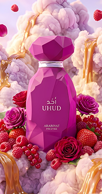 Banner de la loción Uhud de Arabiyat Prestige, perfume gourmand de caramelo, frutos rojos y vainilla, frasco fucsia sobre fondo magenta, disponible en Bawan