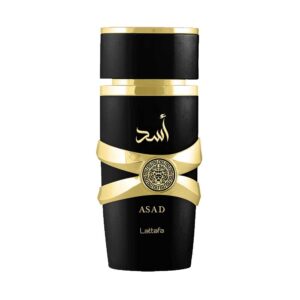 Frasco del perfume Asad de Lattafa, Eau de Parfum 100 ml, fragancia ámbar y especiada para hombre