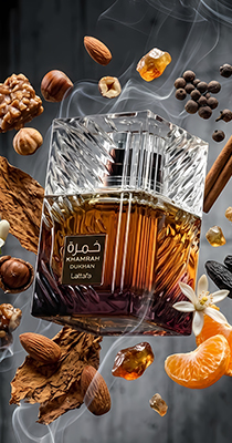 Banner de la loción Khamrah Dukhan de Lattafa, perfume oriental especiado y ahumado con praliné, tabaco y ámbar, disponible en Bawan