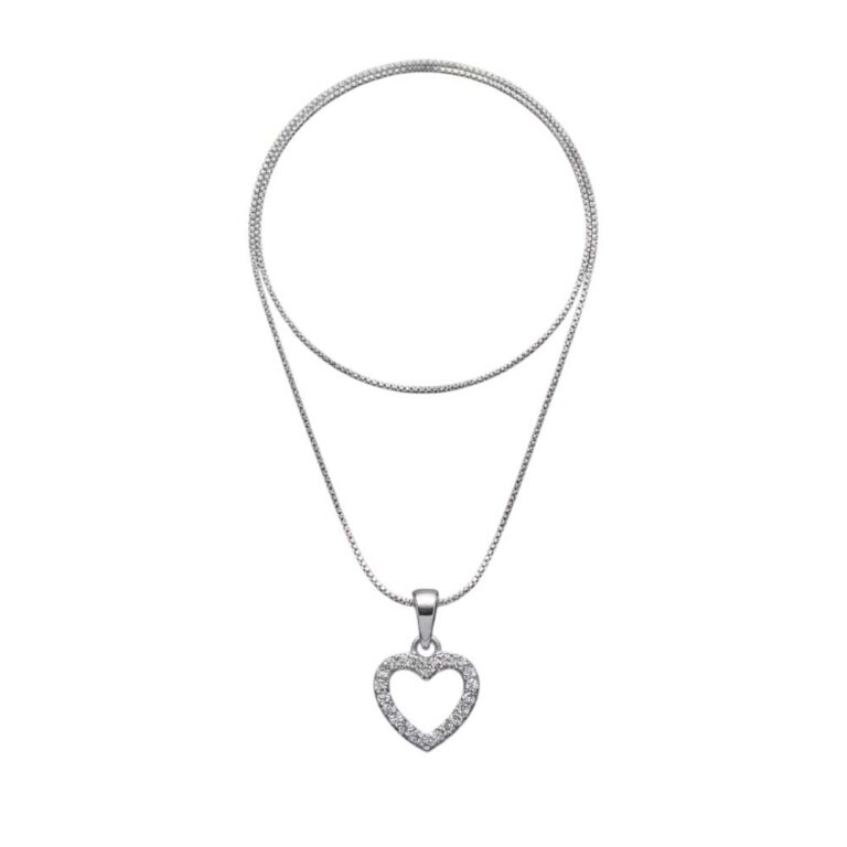 Cadena pop corn con dije de corazón con circones en plata ley 925, set hipoalergénico