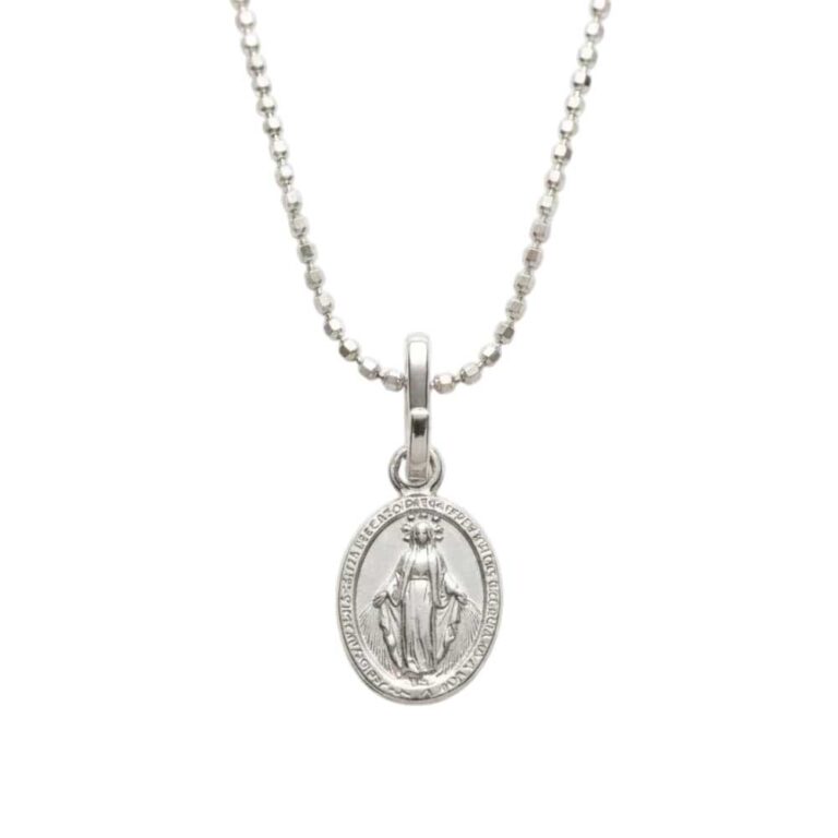 Cadena de bolas con dije de la Virgen Milagrosa en plata ley 925, set hipoalergénico