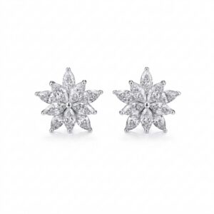 Aretes topos de flor en plata ley 925 con circones, hipoalergénicos, sobre fondo blanco
