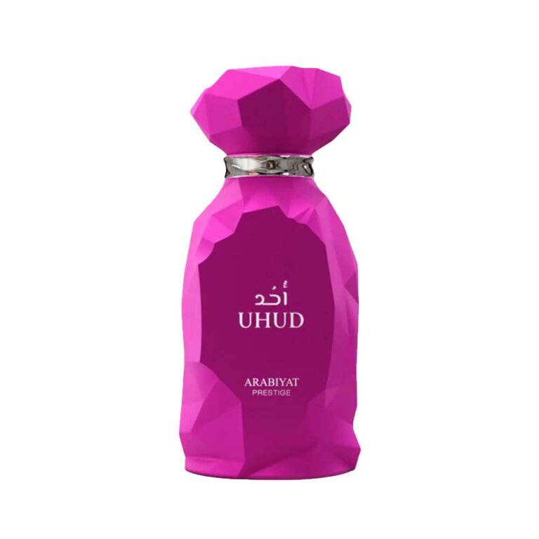 Frasco fucsia del perfume Uhud de Arabiyat Prestige, Eau de Parfum gourmand de caramelo, frutos rojos y vainilla, 100 ml