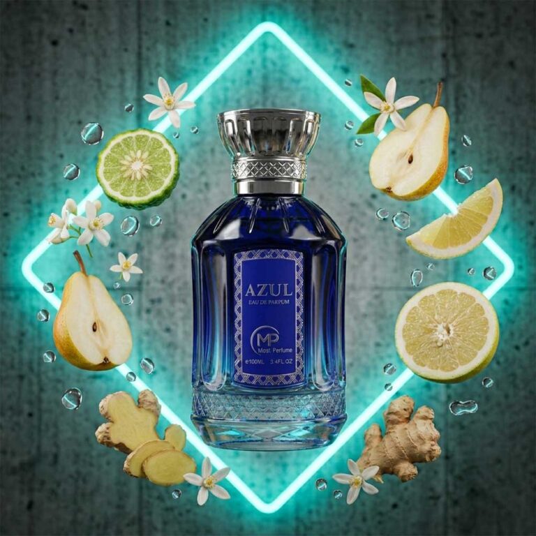Perfume Azul de Mast rodeado de sus notas: bergamota, pomelo, pera y jengibre, cítrico aromático acuático