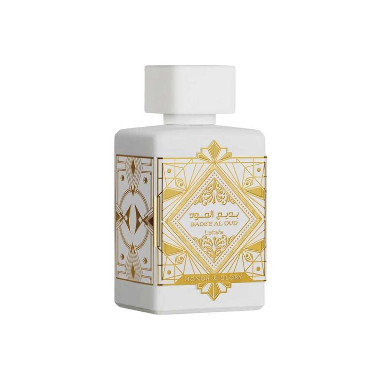 Frasco blanco y dorado de Bade'e Al Oud Honor & Glory de Lattafa, perfume oriental de piña y crème brûlée, 100 ml
