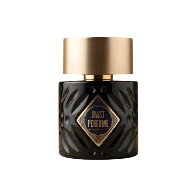 Frasco negro y dorado de Bleu L'Exclusif de Mast, Eau de Parfum aromático amaderado de bergamota y sándalo, 100 ml