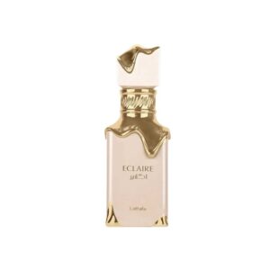 Frasco crema y dorado de Eclaire de Lattafa, Eau de Parfum gourmand de caramelo, leche y vainilla, 100 ml