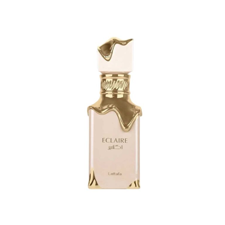 Frasco crema y dorado de Eclaire de Lattafa, Eau de Parfum gourmand de caramelo, leche y vainilla, 100 ml