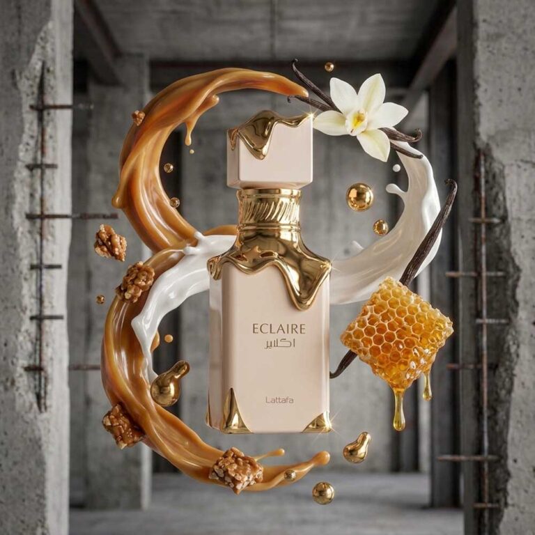 Perfume Eclaire de Lattafa rodeado de sus notas: caramelo, leche, miel y vainilla, gourmand dulce