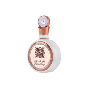 Frasco blanco y oro rosa de Fakhar Women de Lattafa, Eau de Parfum floral de flores blancas y vainilla, 100 ml