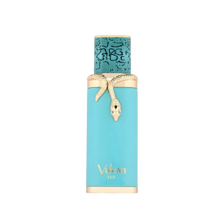 Frasco turquesa de Vulcan Feu de French Avenue, Eau de Parfum frutal de mango, jengibre y praliné, 100 ml