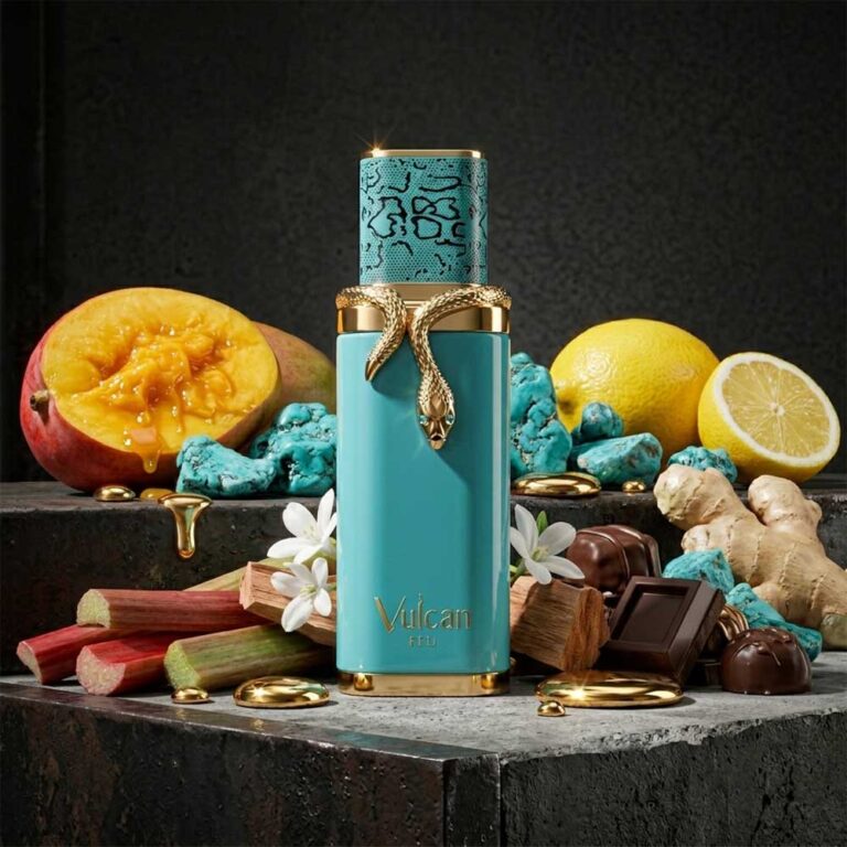 Perfume Vulcan Feu de French Avenue rodeado de sus notas: mango, limón, jengibre y praliné, frutal amaderado