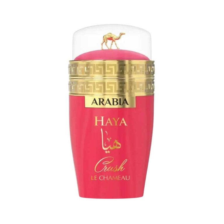 Frasco rosado de Arabia Haya Crush de Le Chameau, Eau de Parfum floral frutal gourmand de frambuesa y malvavisco, 100 ml