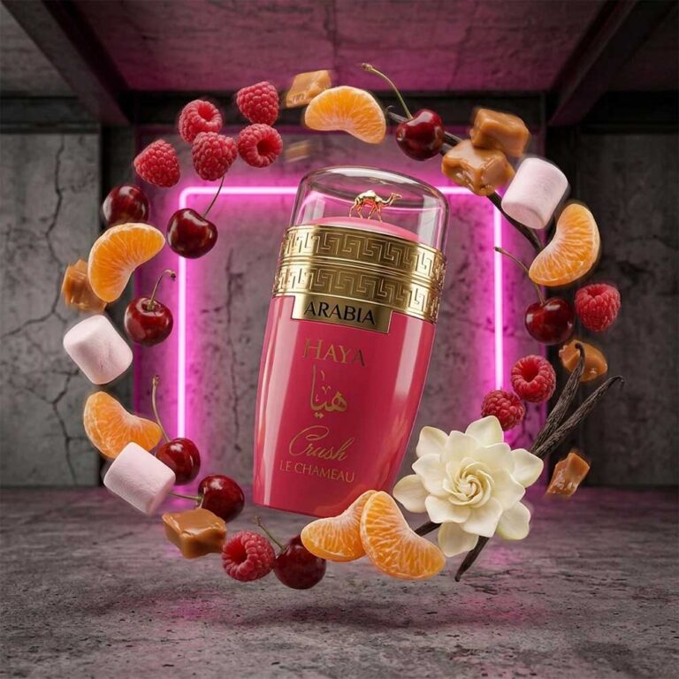 Perfume Arabia Haya Crush de Le Chameau rodeado de sus notas: frambuesa, cereza, malvavisco y vainilla