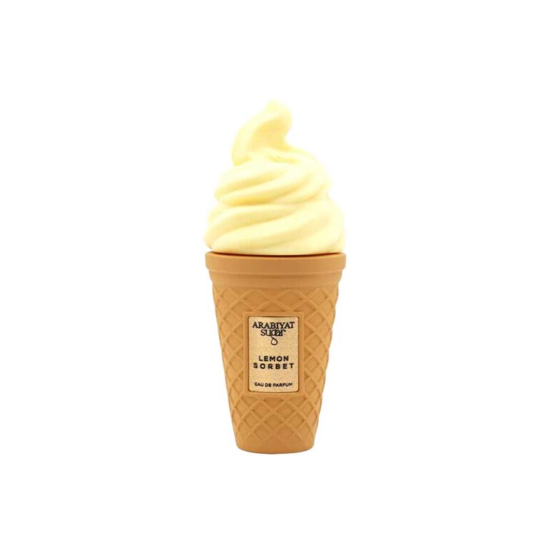 Frasco de Lemon Sorbet de Arabiyat en forma de helado, rodeado de limón y hielo