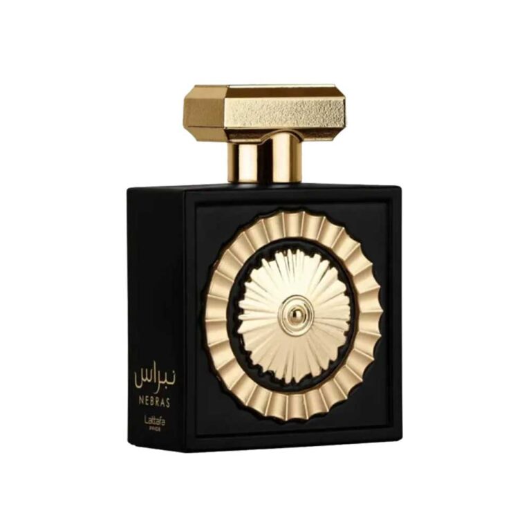 Frasco negro y dorado de Nebras de Lattafa, Eau de Parfum gourmand de cacao, frutos rojos y vainilla, 100 ml