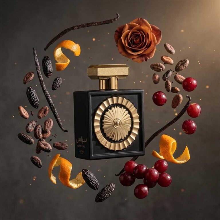 Perfume Nebras de Lattafa rodeado de sus notas: cacao, vainilla, frutos rojos y mandarina, gourmand dulce