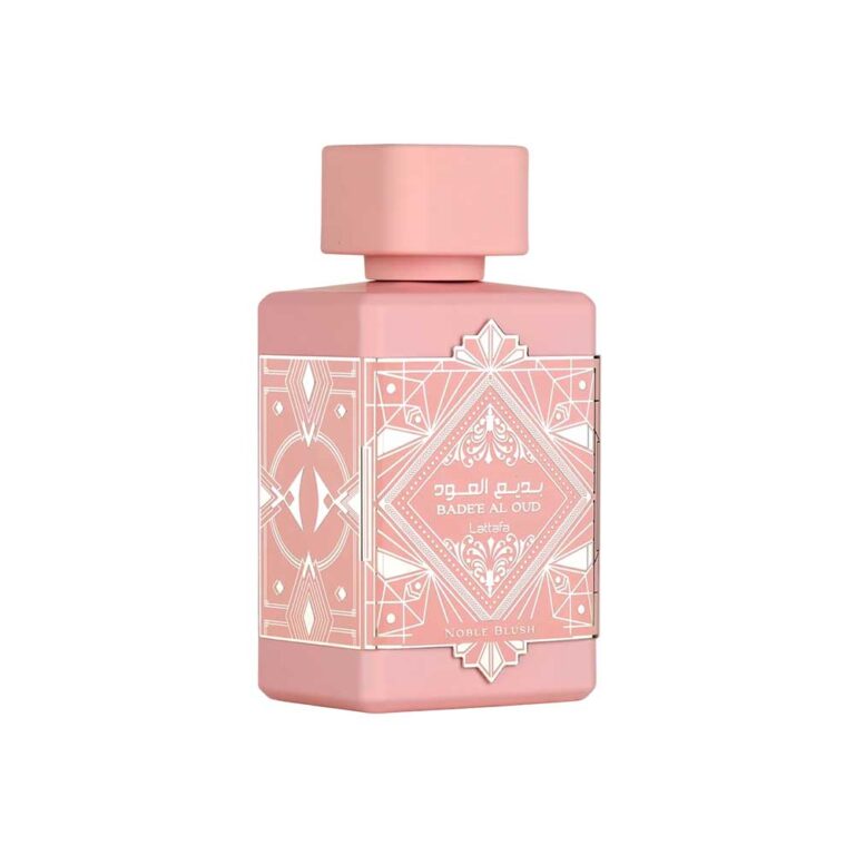 Frasco rosado de Noble Blush de Lattafa, Eau de Parfum floral gourmand de leche de rosa, merengue y vainilla, 100 ml