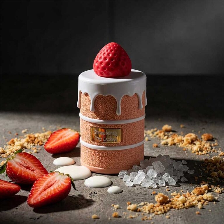 Perfume Strawberry Tres Leches de Arabiyat Sugar con fresas y crema, ambientación dulce y femenina