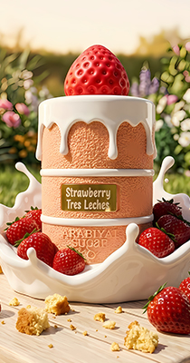 Banner de la loción Strawberry Tres Leches de Arabiyat Sugar, perfume femenino gourmand de fresa, leche y caramelo, disponible en Bawan